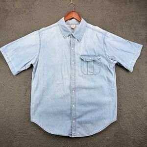 Open Trails Mens Large Light Wash Denim Short Sleeve Button Down Shirt‎ Cotton